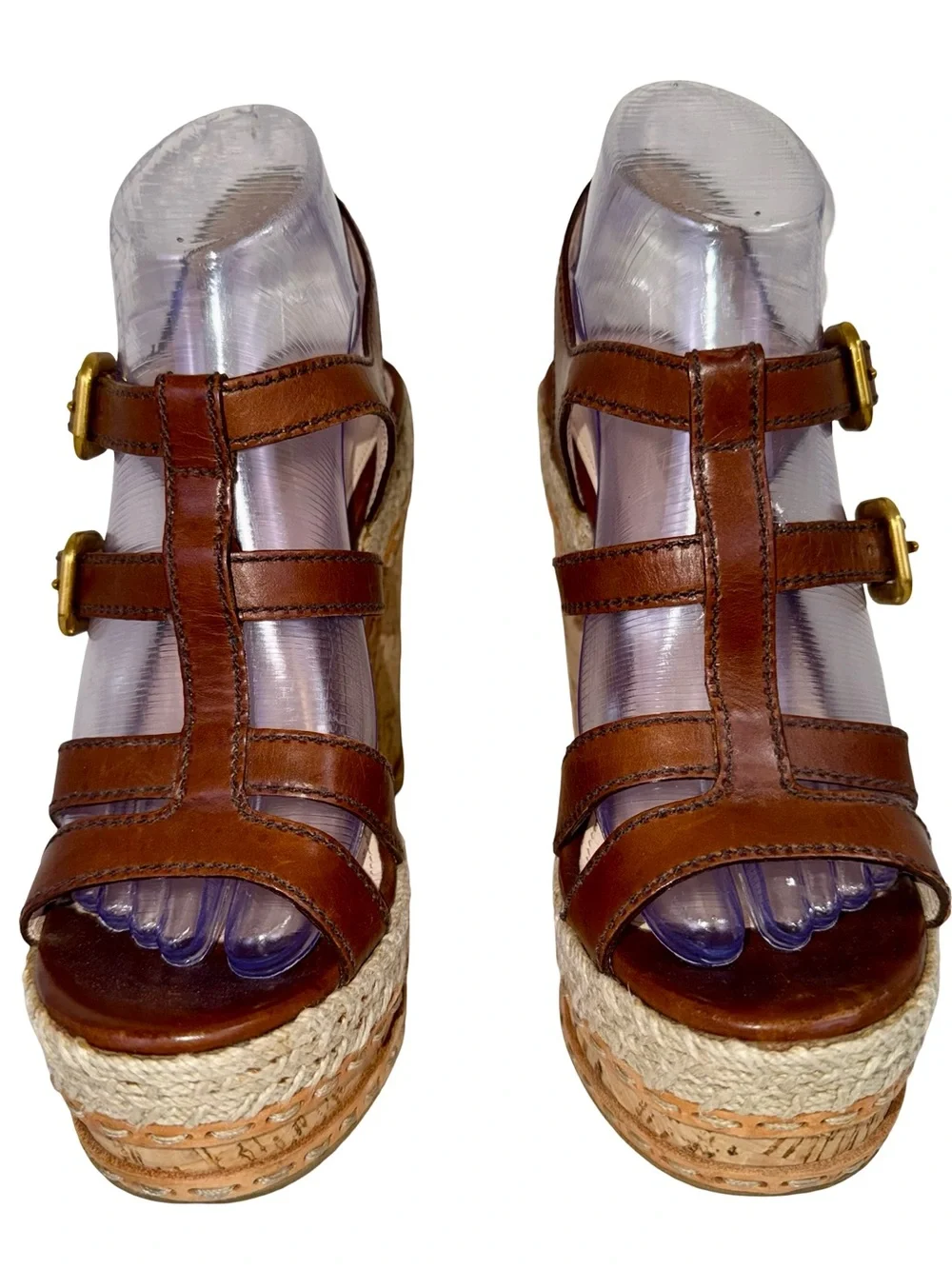 PRADA BROWN LEATHER STRAPPY SANDALS WITH CORK WEDGE HEELS